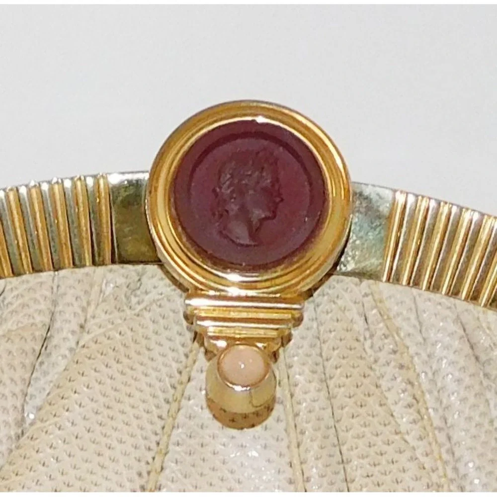 Judith Leiber Large Beige Karung Leather‎ Pink Quartz Cameo Clutch Shoulder Bag